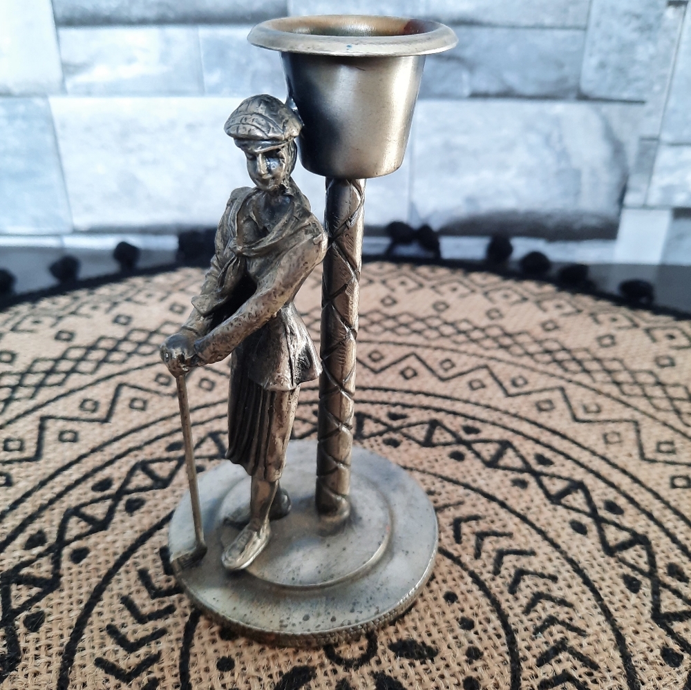 RARE VINTAGE Golfer Candlestick Nickel, solid, heavy ornament, Bronze Sculture